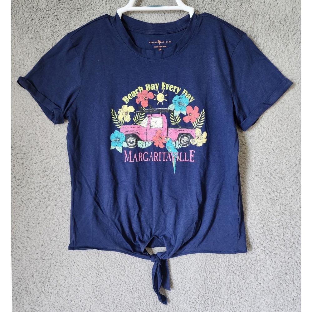 Margaritaville Graphic T-Shirt Sz XS Navy Blue Beach Day Tie Front Short Sleeve